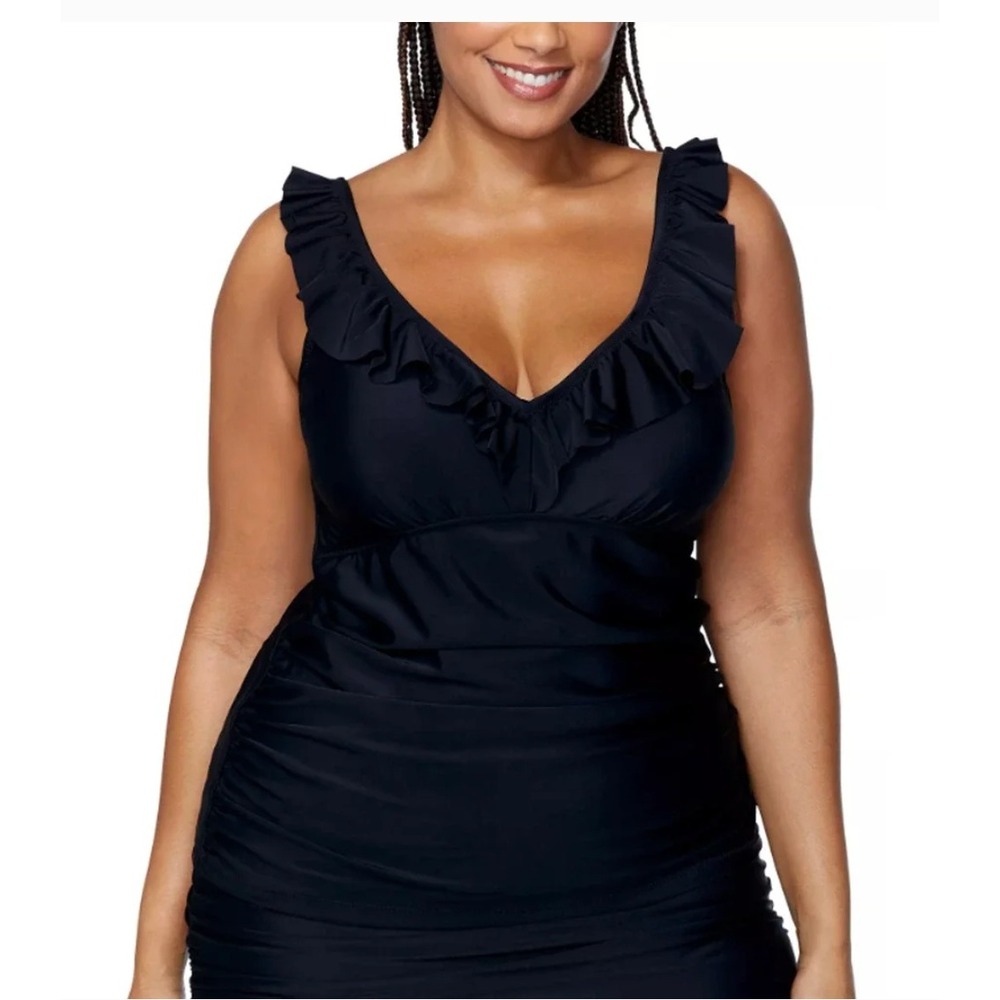 Raisins Curve Andressa Tankini Top 22W Black Ruffle Swimsuit